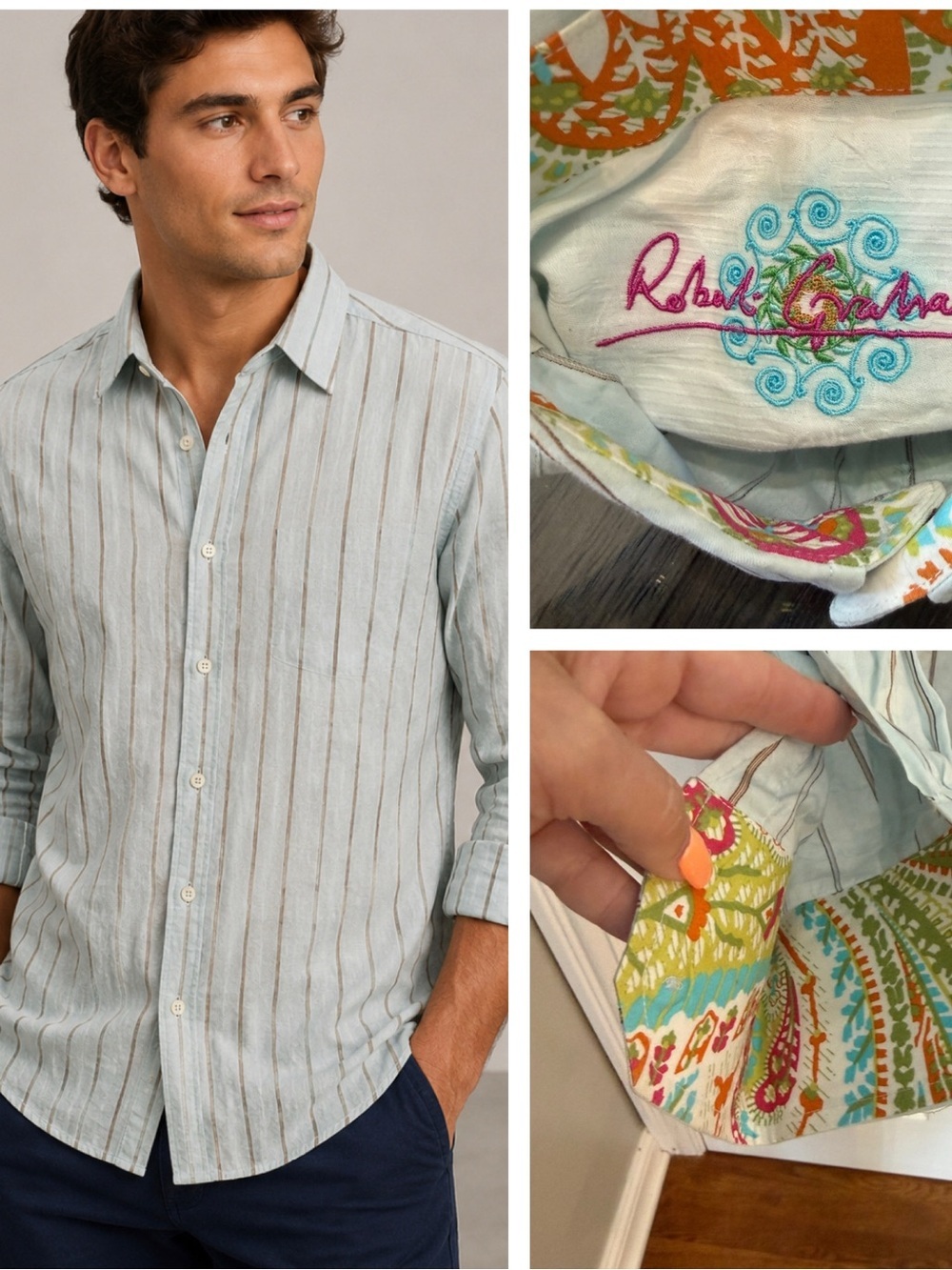Robert Graham Men’s Light Blue Jacquard Stripe Button Front Shirt M 25519